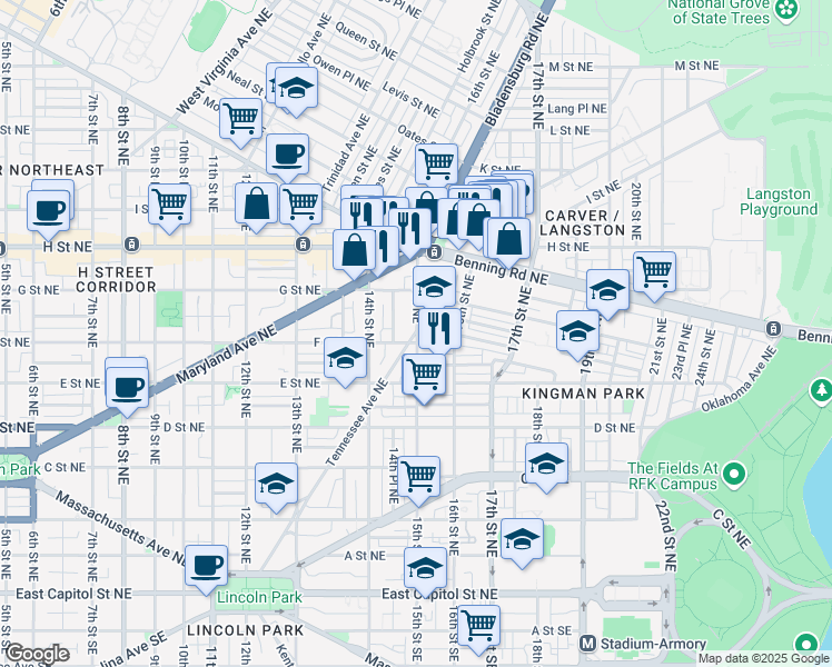 map of restaurants, bars, coffee shops, grocery stores, and more near 101 Independence Avenue Southeast in Washington
