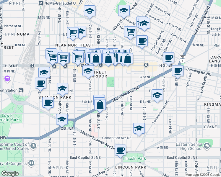 map of restaurants, bars, coffee shops, grocery stores, and more near 101 Independence Avenue Southeast in Washington