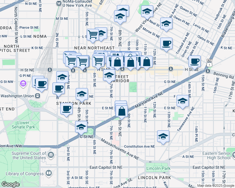 map of restaurants, bars, coffee shops, grocery stores, and more near 101 Independence Avenue Southeast in Washington