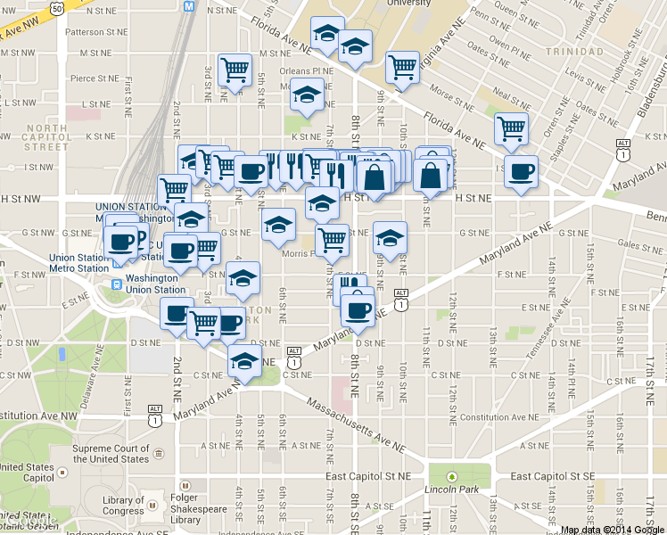map of restaurants, bars, coffee shops, grocery stores, and more near 101 Independence Avenue Southeast in Washington