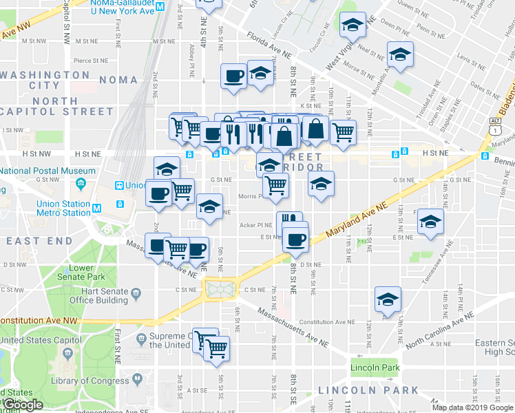 map of restaurants, bars, coffee shops, grocery stores, and more near 101 Independence Avenue Southeast in Washington