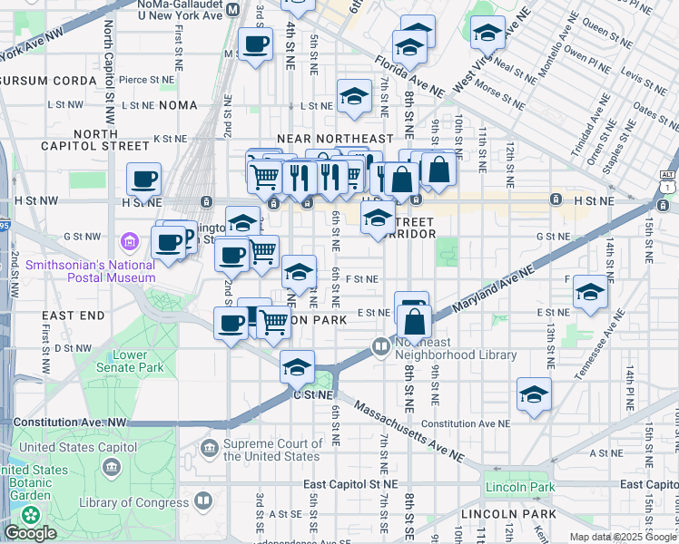 map of restaurants, bars, coffee shops, grocery stores, and more near 101 Independence Avenue Southeast in Washington
