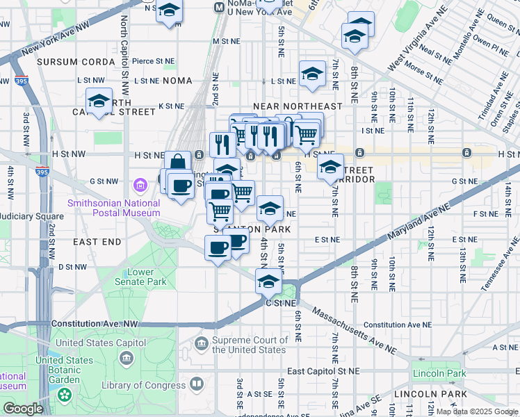 map of restaurants, bars, coffee shops, grocery stores, and more near 101 Independence Avenue Southeast in Washington