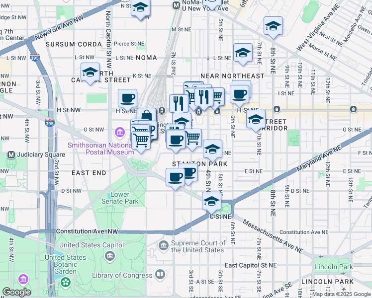 map of restaurants, bars, coffee shops, grocery stores, and more near 101 Independence Avenue Southeast in Washington