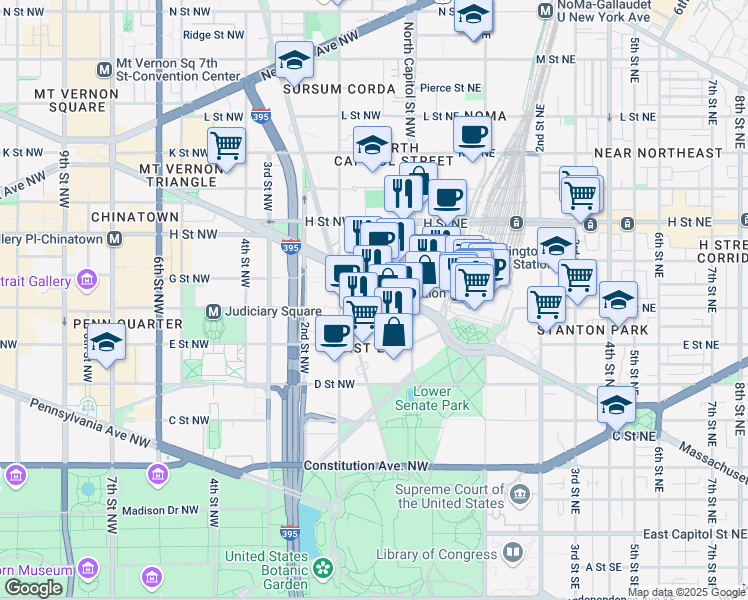 map of restaurants, bars, coffee shops, grocery stores, and more near 101 Independence Avenue Southeast in Washington