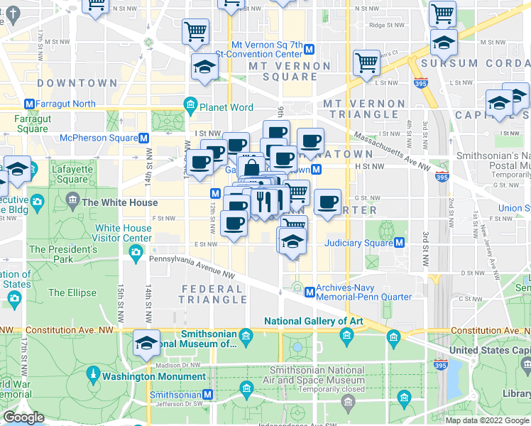 map of restaurants, bars, coffee shops, grocery stores, and more near 101 Independence Avenue Southeast in Washington
