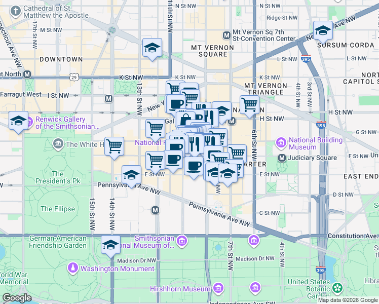 map of restaurants, bars, coffee shops, grocery stores, and more near 101 Independence Avenue Southeast in Washington