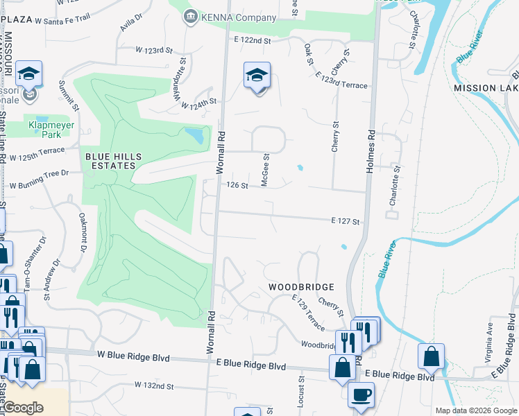 map of restaurants, bars, coffee shops, grocery stores, and more near 12614 McGee Street in Kansas City