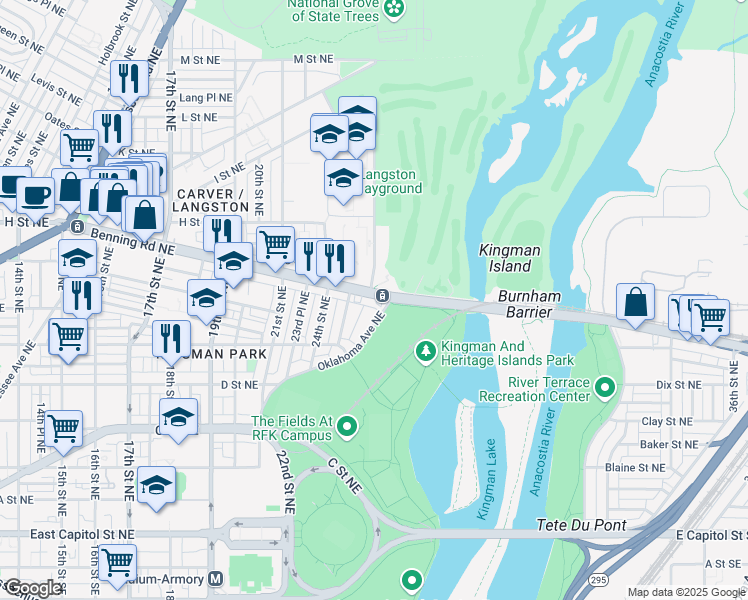 map of restaurants, bars, coffee shops, grocery stores, and more near 2539 Benning Road Northeast in Washington