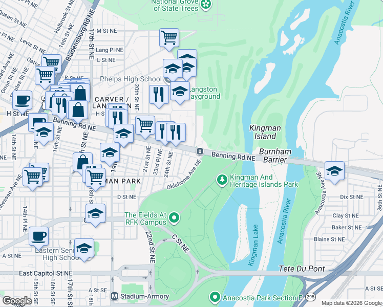 map of restaurants, bars, coffee shops, grocery stores, and more near 101 Independence Avenue Southeast in Washington