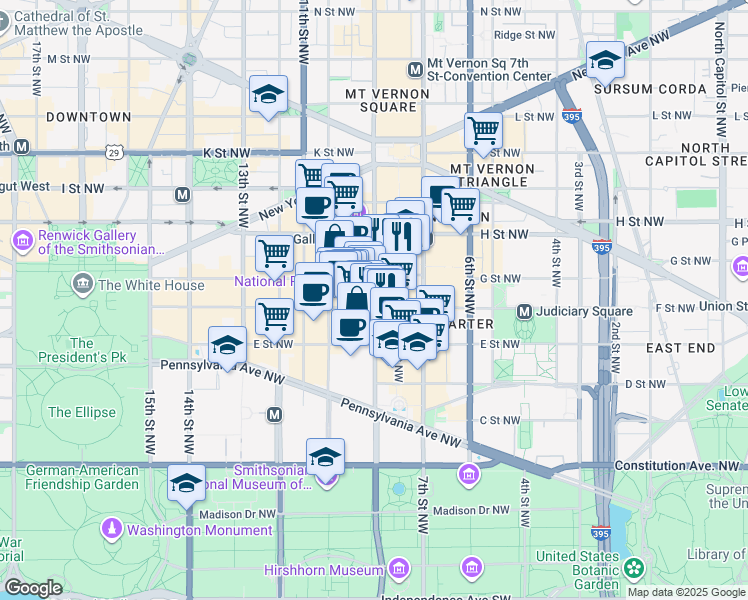 map of restaurants, bars, coffee shops, grocery stores, and more near 901 F Street Northwest in Washington