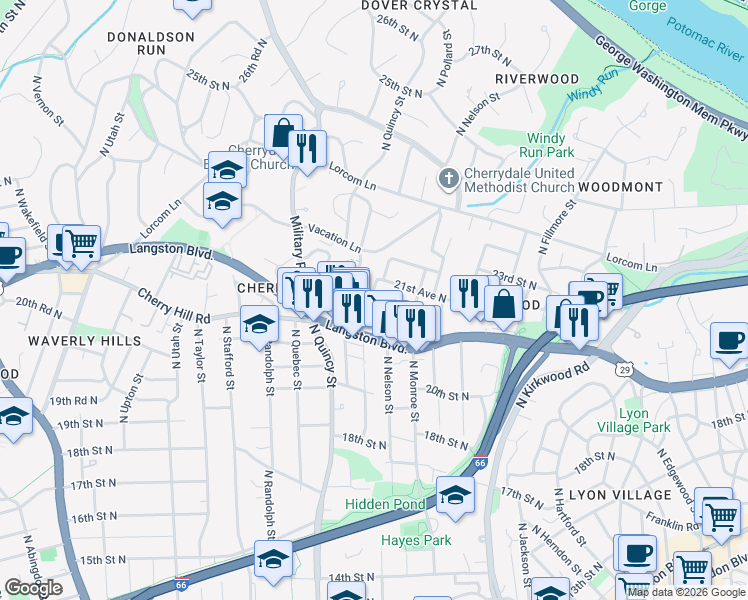 map of restaurants, bars, coffee shops, grocery stores, and more near 2133 North Oakland Street in Arlington