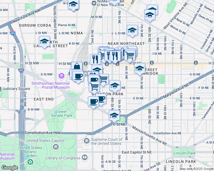 map of restaurants, bars, coffee shops, grocery stores, and more near 624 4th Street Northeast in Washington