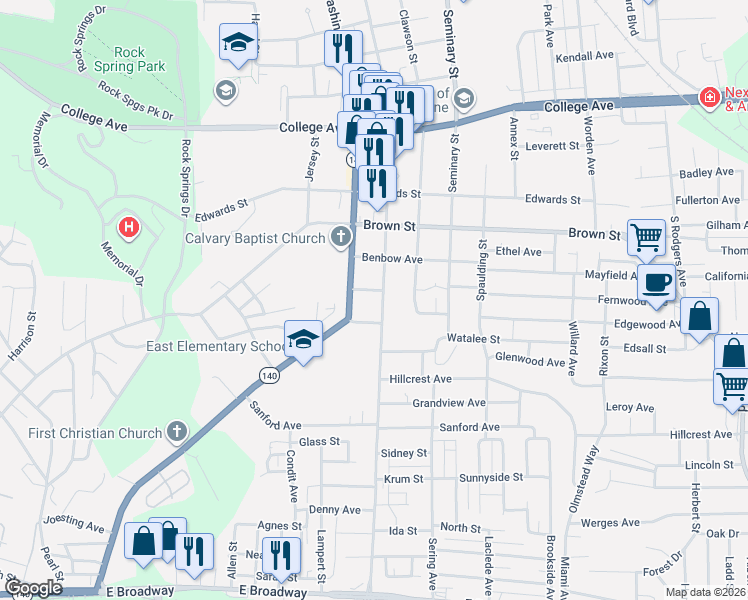 map of restaurants, bars, coffee shops, grocery stores, and more near 1302 Main Street in Alton