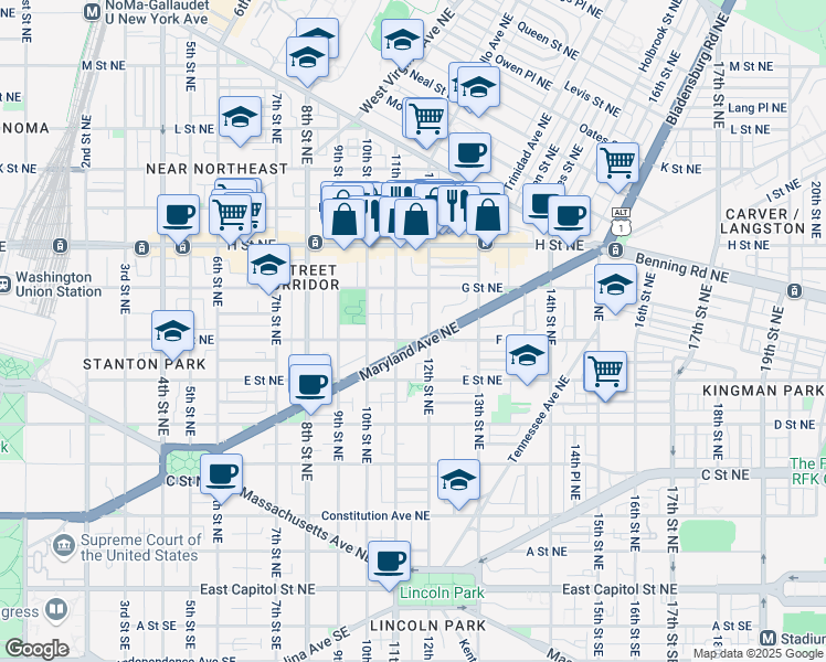 map of restaurants, bars, coffee shops, grocery stores, and more near 1116 F Street Northeast in Washington