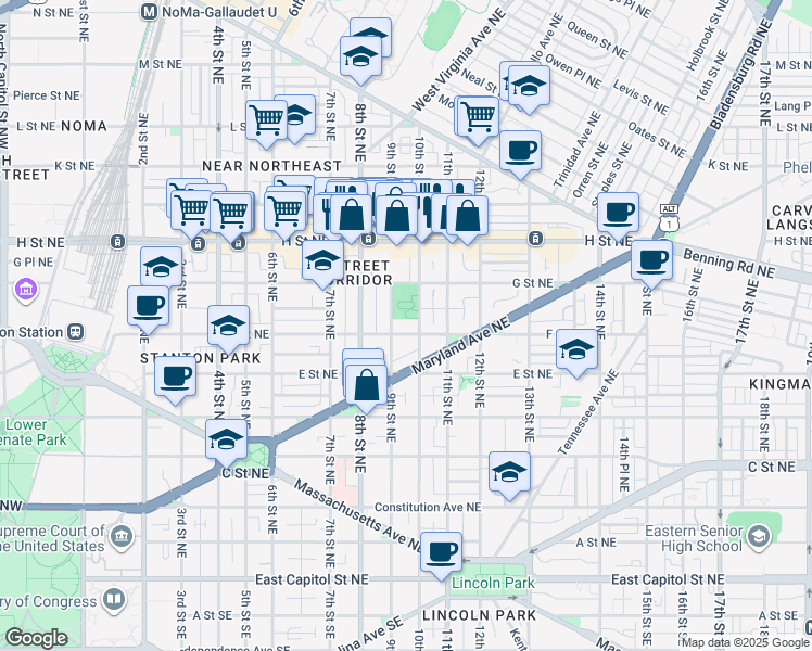 map of restaurants, bars, coffee shops, grocery stores, and more near 920 F Street Northeast in Washington
