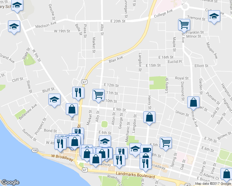 map of restaurants, bars, coffee shops, grocery stores, and more near 1106 Alton Street in Alton