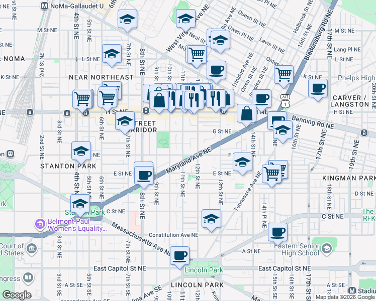map of restaurants, bars, coffee shops, grocery stores, and more near 1114 F Street Northeast in Washington