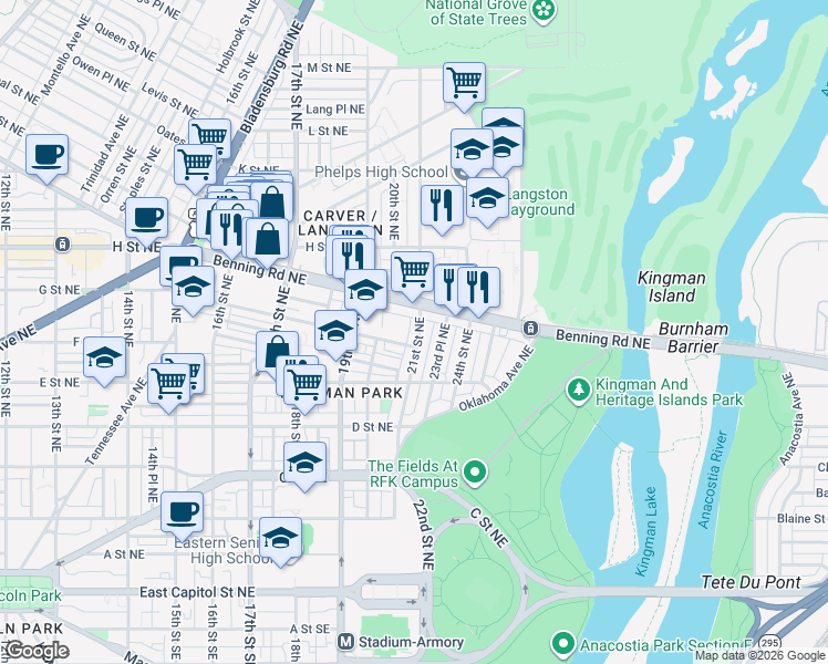 map of restaurants, bars, coffee shops, grocery stores, and more near 101 Independence Avenue Southeast in Washington