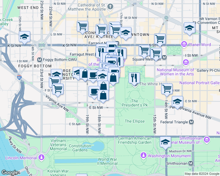 map of restaurants, bars, coffee shops, grocery stores, and more near 604 17th Street Northwest in Washington
