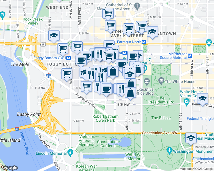 map of restaurants, bars, coffee shops, grocery stores, and more near 1925 F Street Northwest in Washington