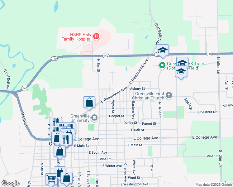 map of restaurants, bars, coffee shops, grocery stores, and more near 649 East Beaumont Avenue in Greenville