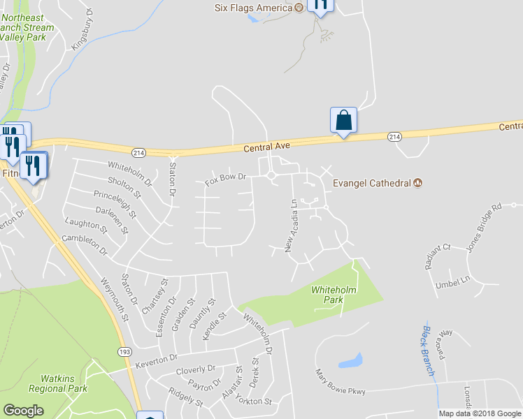 map of restaurants, bars, coffee shops, grocery stores, and more near 12916 Fox Bow Drive in Upper Marlboro