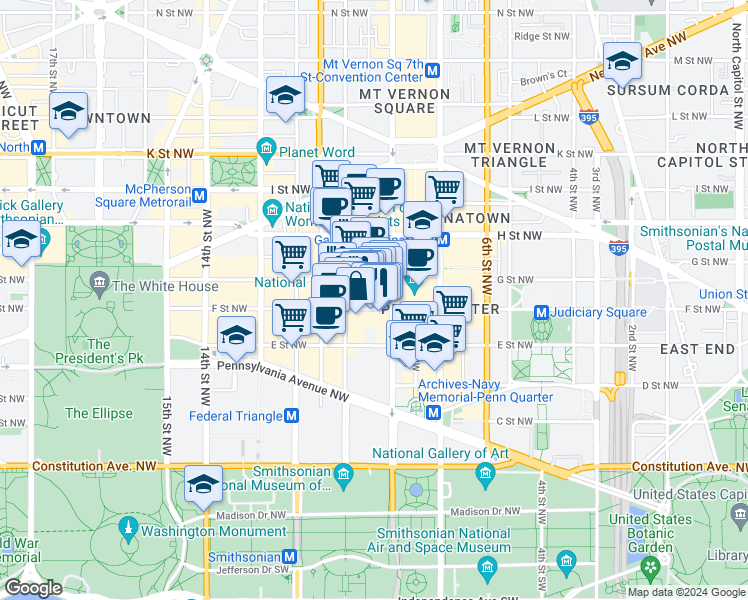map of restaurants, bars, coffee shops, grocery stores, and more near 915 F Street Northwest in Washington
