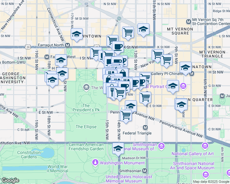 map of restaurants, bars, coffee shops, grocery stores, and more near 1401 F St NW in Washington