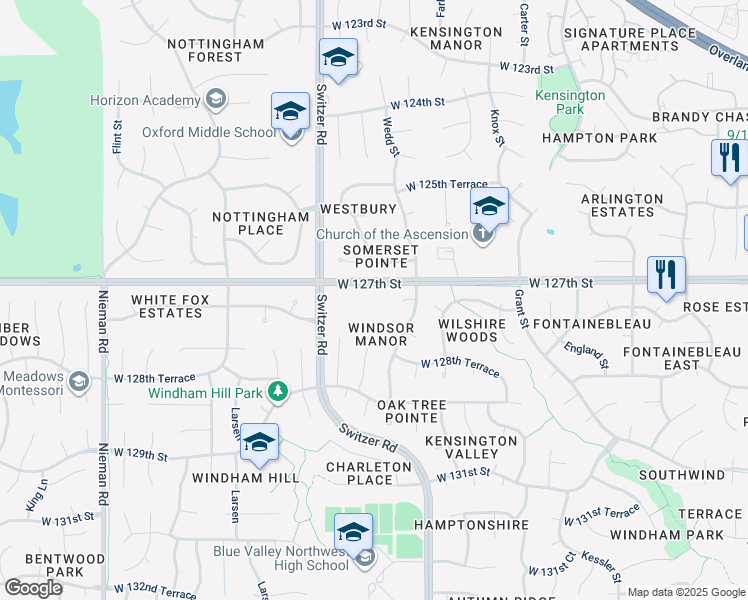 map of restaurants, bars, coffee shops, grocery stores, and more near 10101 West 127th Street in Overland Park