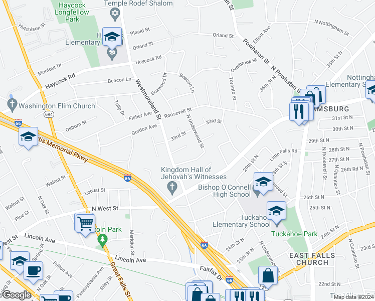 map of restaurants, bars, coffee shops, grocery stores, and more near 6515 32nd Street in Falls Church