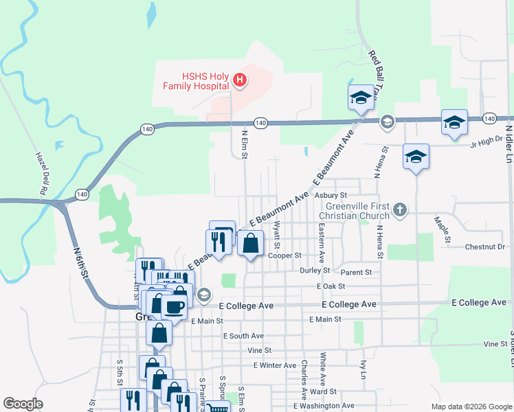 map of restaurants, bars, coffee shops, grocery stores, and more near 740 North Elm Street in Greenville