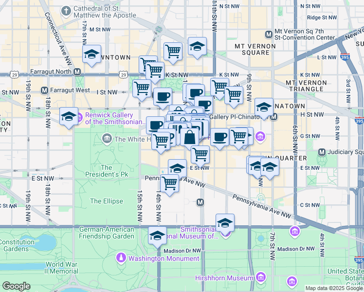 map of restaurants, bars, coffee shops, grocery stores, and more near 600 13th Street Northwest in Washington