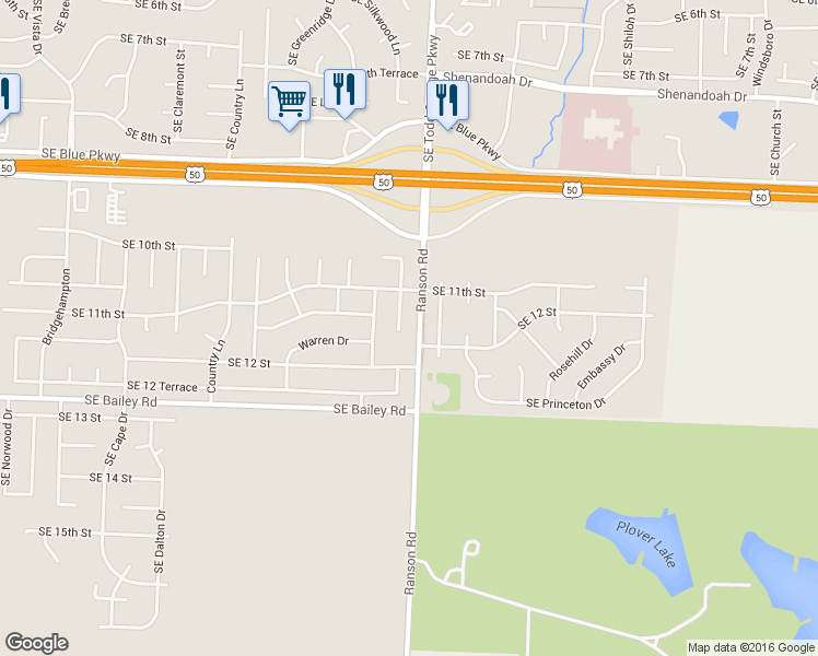 map of restaurants, bars, coffee shops, grocery stores, and more near 1117 Southeast Timbercreek Lane in Lee's Summit