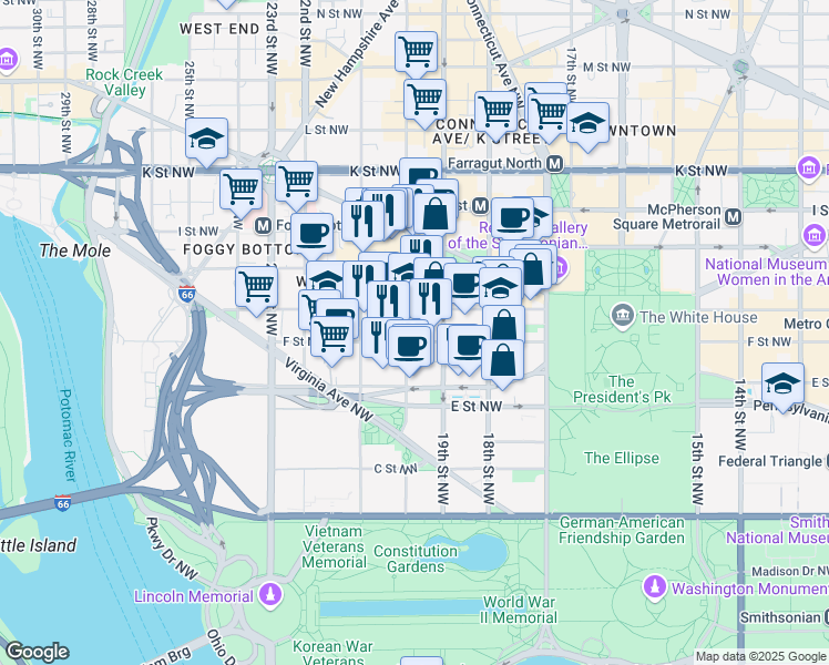 map of restaurants, bars, coffee shops, grocery stores, and more near 1925 F Street Northwest in Washington