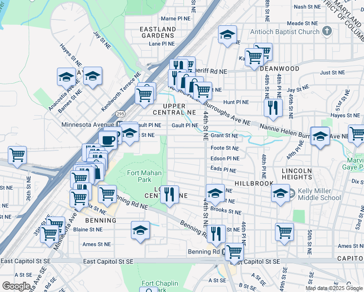 map of restaurants, bars, coffee shops, grocery stores, and more near 4274 Foote Street Northeast in Washington