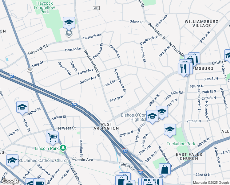 map of restaurants, bars, coffee shops, grocery stores, and more near 6515 32nd Street in Falls Church