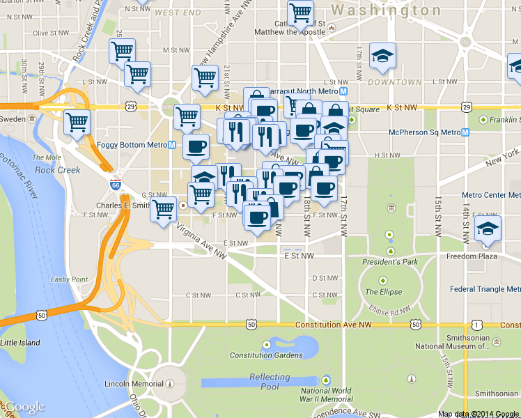 map of restaurants, bars, coffee shops, grocery stores, and more near 1925 F St NW in Washington