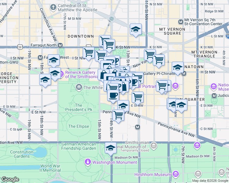 map of restaurants, bars, coffee shops, grocery stores, and more near 607 14th Street Northwest in Washington