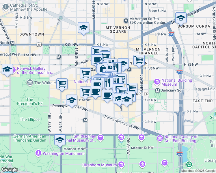 map of restaurants, bars, coffee shops, grocery stores, and more near 919 F Street Northwest in Washington