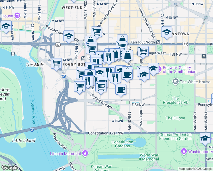 map of restaurants, bars, coffee shops, grocery stores, and more near 606 21st Street Northwest in Washington