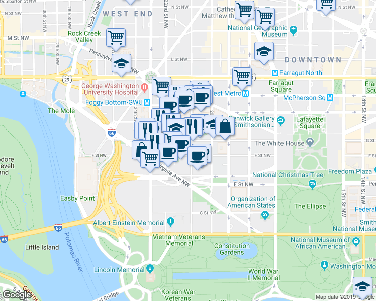 map of restaurants, bars, coffee shops, grocery stores, and more near 606 21st Street Northwest in Washington