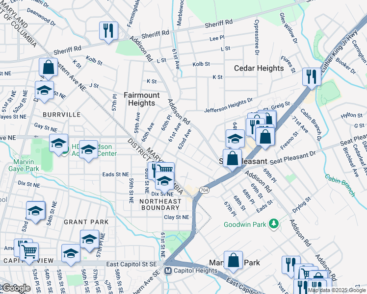 map of restaurants, bars, coffee shops, grocery stores, and more near 607 62nd Avenue in Fairmount Heights