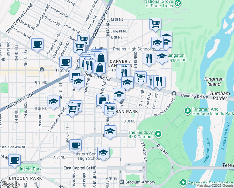 map of restaurants, bars, coffee shops, grocery stores, and more near 101 Independence Avenue Southeast in Washington