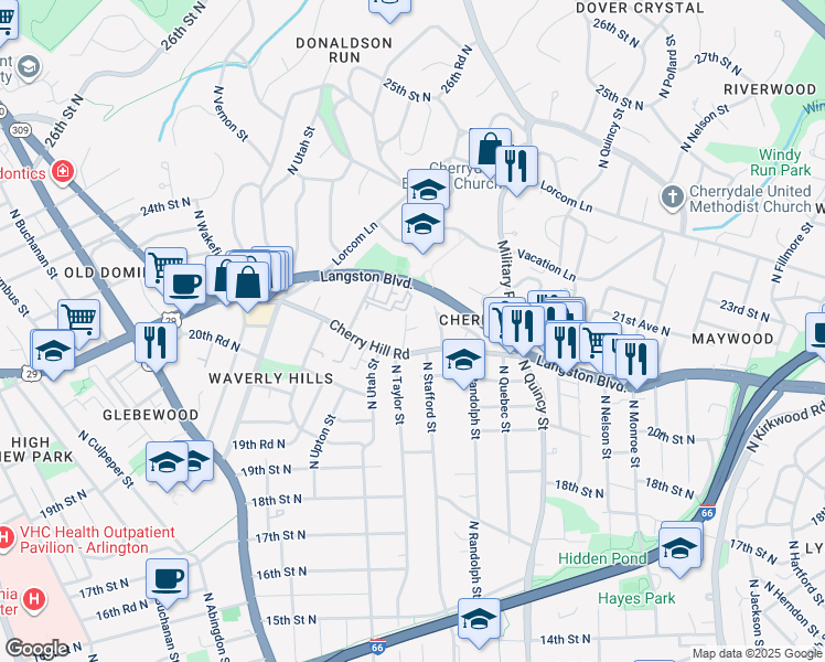 map of restaurants, bars, coffee shops, grocery stores, and more near 2135 North Taylor Street in Arlington