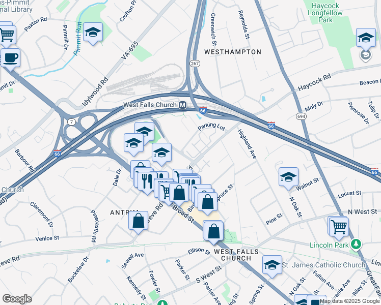 map of restaurants, bars, coffee shops, grocery stores, and more near 7064 Falls Reach Drive in Falls Church