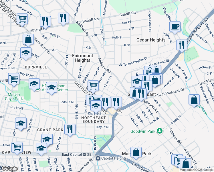 map of restaurants, bars, coffee shops, grocery stores, and more near 607 62nd Avenue in Fairmount Heights
