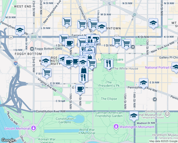 map of restaurants, bars, coffee shops, grocery stores, and more near in Washington