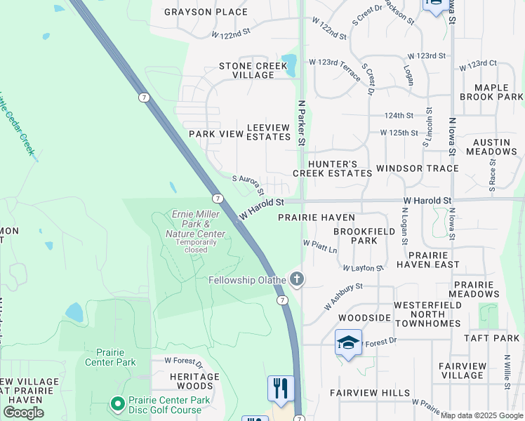 map of restaurants, bars, coffee shops, grocery stores, and more near 1207 West Harold Street in Olathe