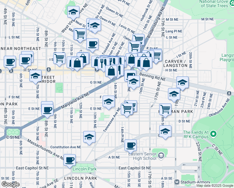 map of restaurants, bars, coffee shops, grocery stores, and more near 609 14th Street Northeast in Washington